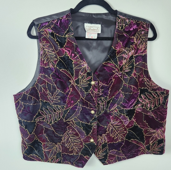 Vintage Retro Purple Velvet Leaf Pattern Whimsigoth Vest 80s Size 14 Fits Large - Picture 2 of 12